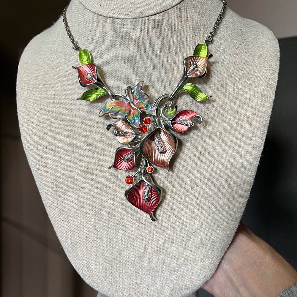 Colorful Enameled Butterfly and Flowers 
Silver Tone Necklace